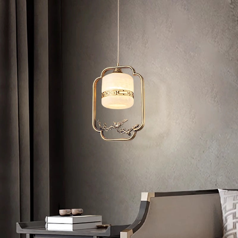 Traditional Chinese Brass Jade Marble Round Cylinder Carved Bird Flower 1-Light Pendant Light For Bedside