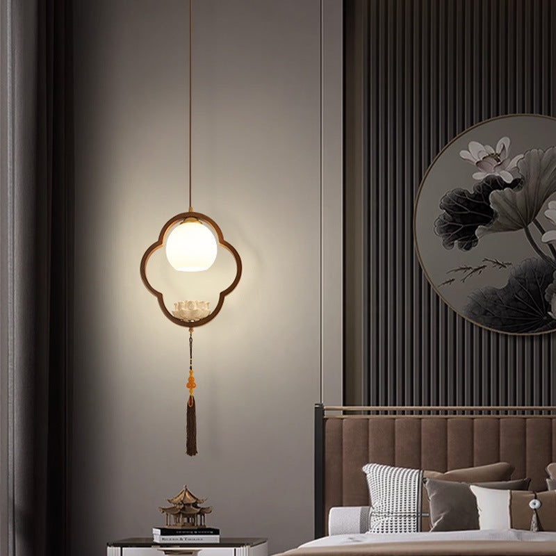Traditional Chinese Ceramic Rubber Wood Glass Four-Leaf Clover Lotus Tassel 1-Light Pendant Light For Bedside