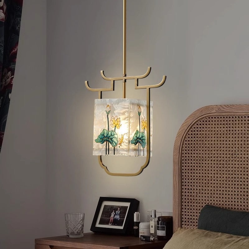 Traditional Chinese Copper Glass Enamel Painting Lotus Deer 1-Light Pendant Light For Bedside