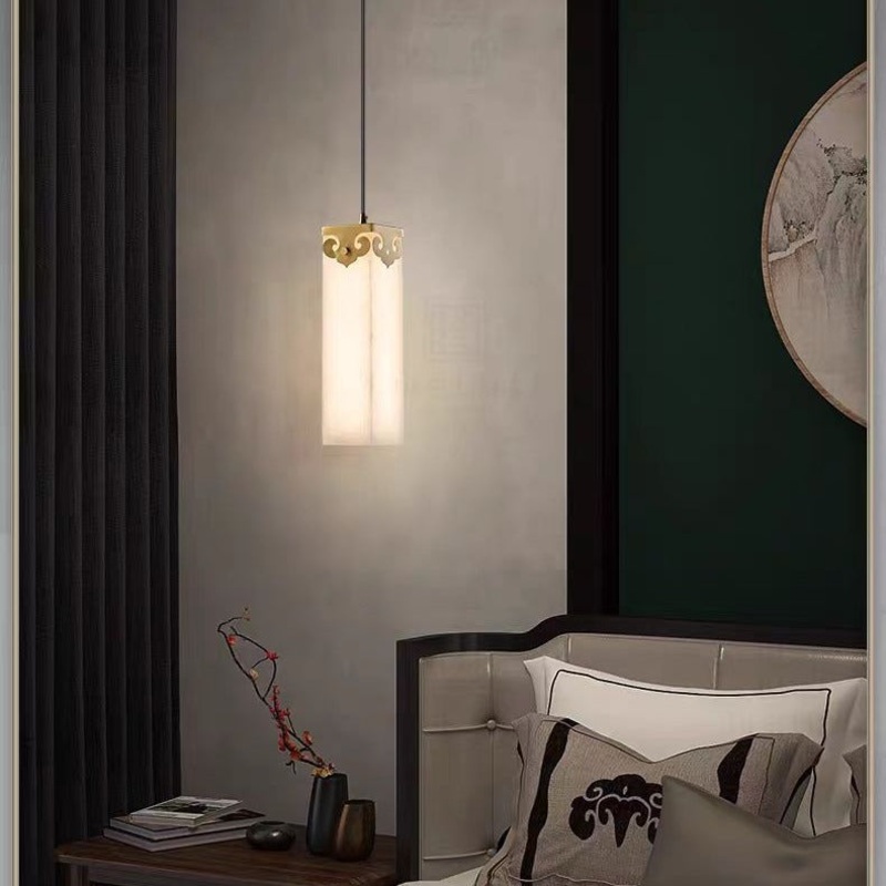 Traditional Chinese Copper Marble Cylinder Propitious Cloud LED Pendant Light For Bedside