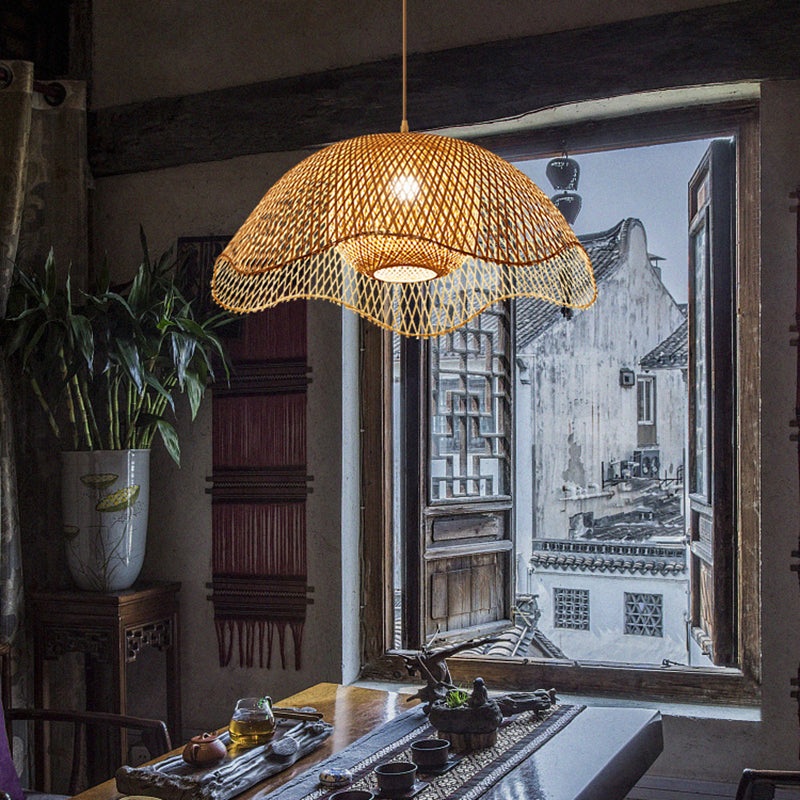 Traditional Chinese Dome Bamboo 1-Light Pendant Light For Living Room