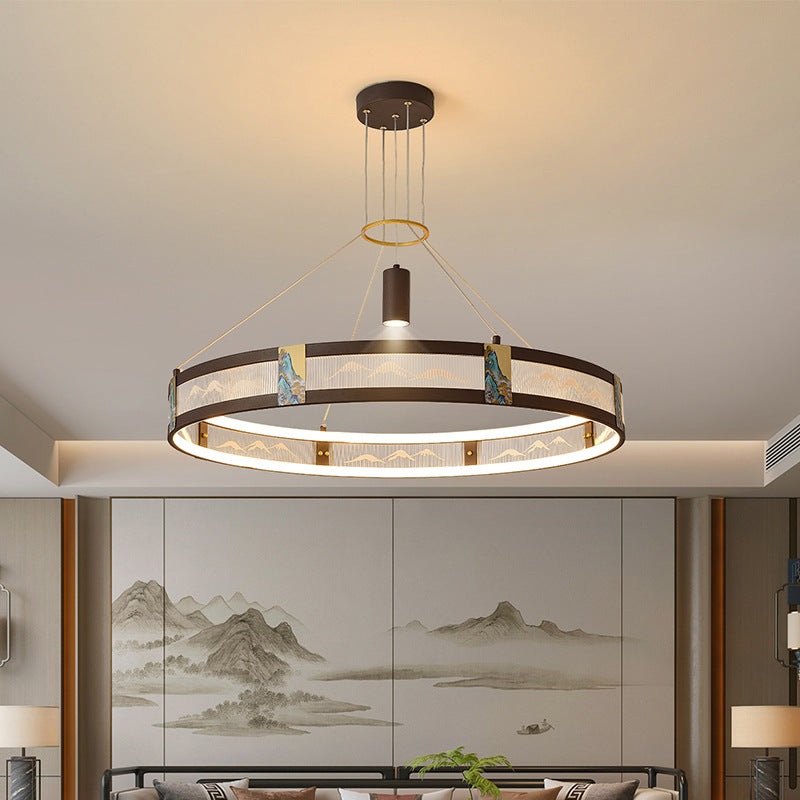 Traditional Chinese Iron Acrylic Stainless Steel Round Enamel Painting LED Chandeliers Spotlight For Living Room