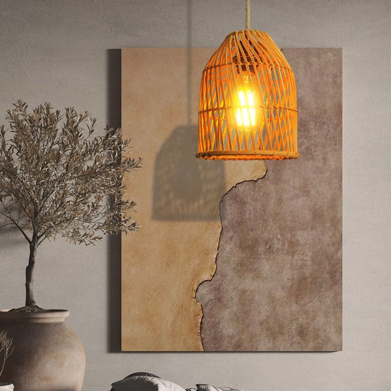 Traditional Chinese Round Cage Rattan 1-Light Pendant Light For Living Room