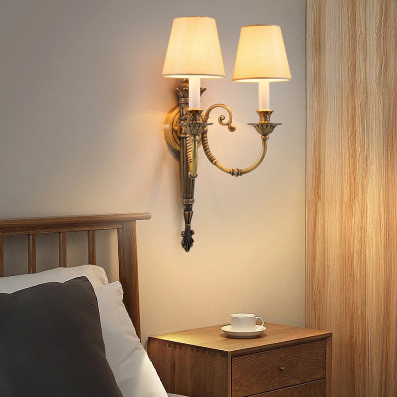 Traditional European Brass Fabric Cylinder Shade 2-Light Wall Sconce Lamp For Living Room