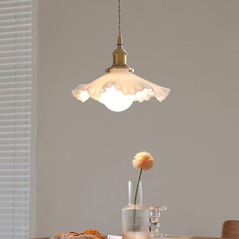 Traditional French Brass Glass Flower-Shaped 1-Light Pendant Light For Bedroom & Living Room