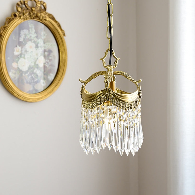 Traditional French Copper & Crystal Round Tassel 1-Light Pendant Light For Bedroom & Living Room