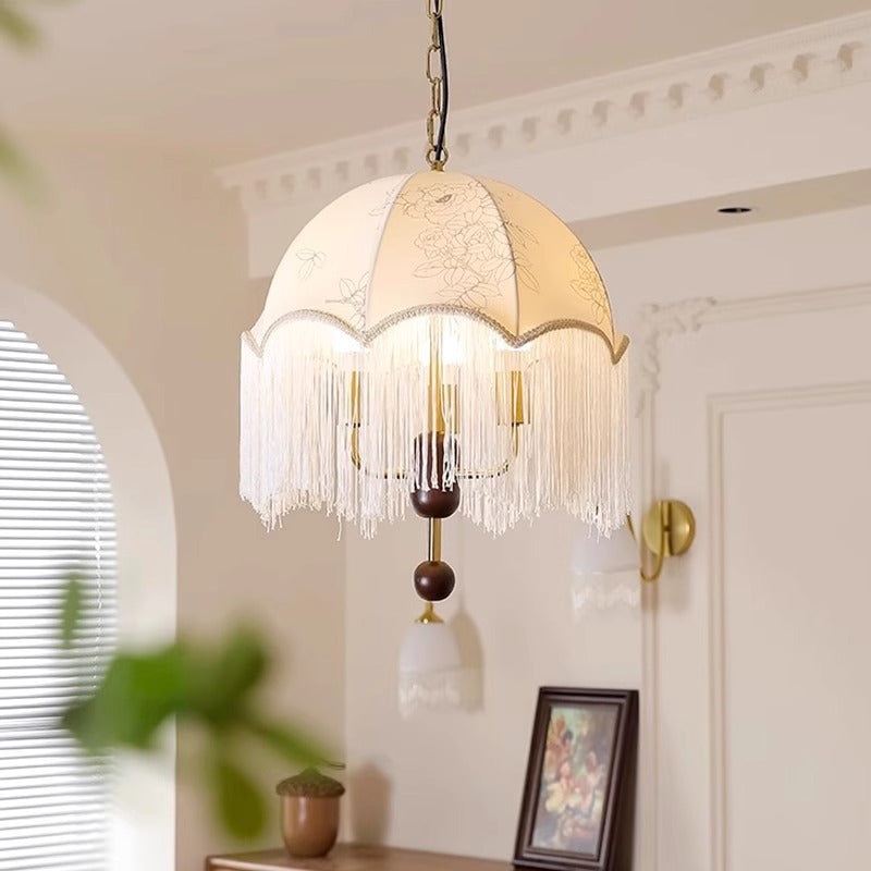 Traditional French Dome Floral Fabric Shade Tassel Wood Metal 3-Light Pendant Light For Living Room