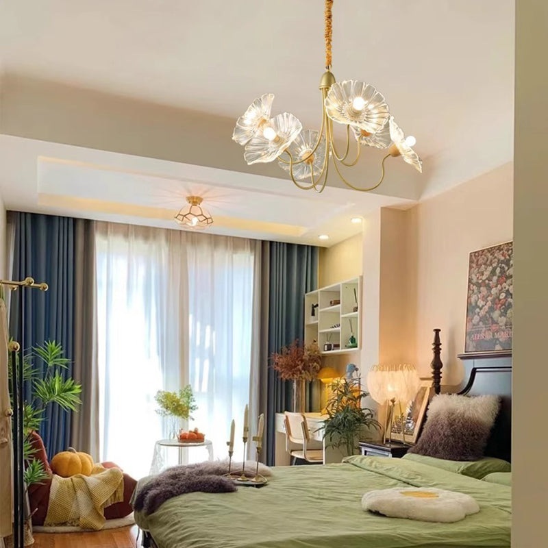 Traditional French Floral Curved Glass Iron 3/6 Light Chandelier For Living Room