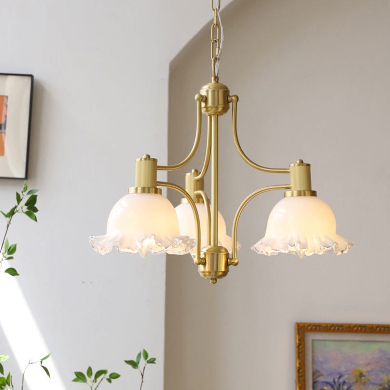 Traditional French Floral Round Copper Glass 3/5 Light Chandelier For Living Room