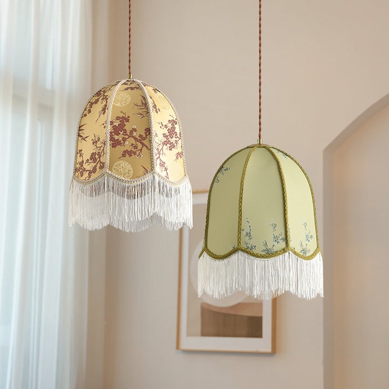 Traditional French Iron Fabric Dome Tassel Floral Embroidery 1-Light Pendant Light For Dining Room