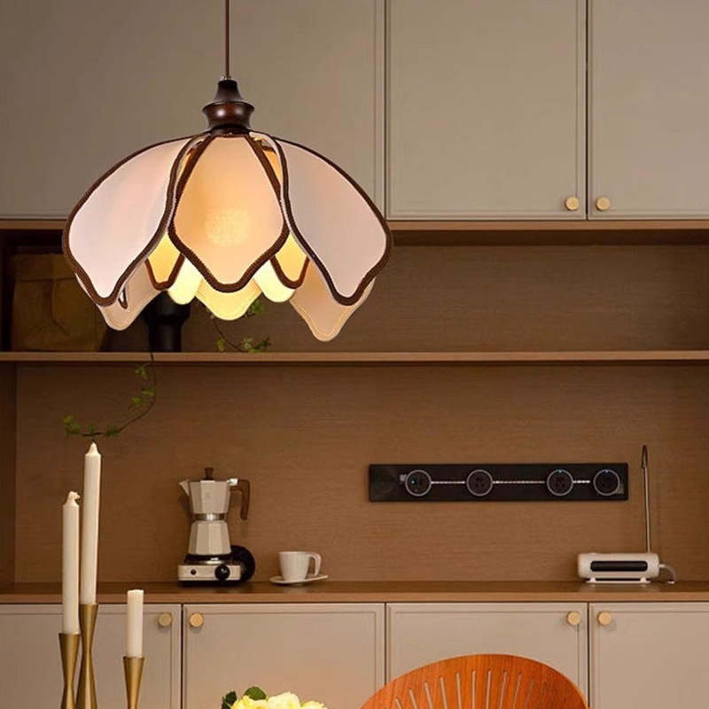 Traditional French Multi Layered Petal Fabric Shade Wood 1-Light Pendant Light For Living Room