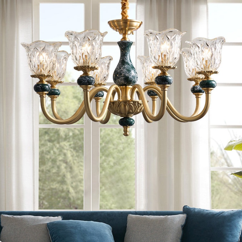 Traditional French Round Branch Copper Glass Ceramic 3/6/8/10 Light Chandelier For Living Room