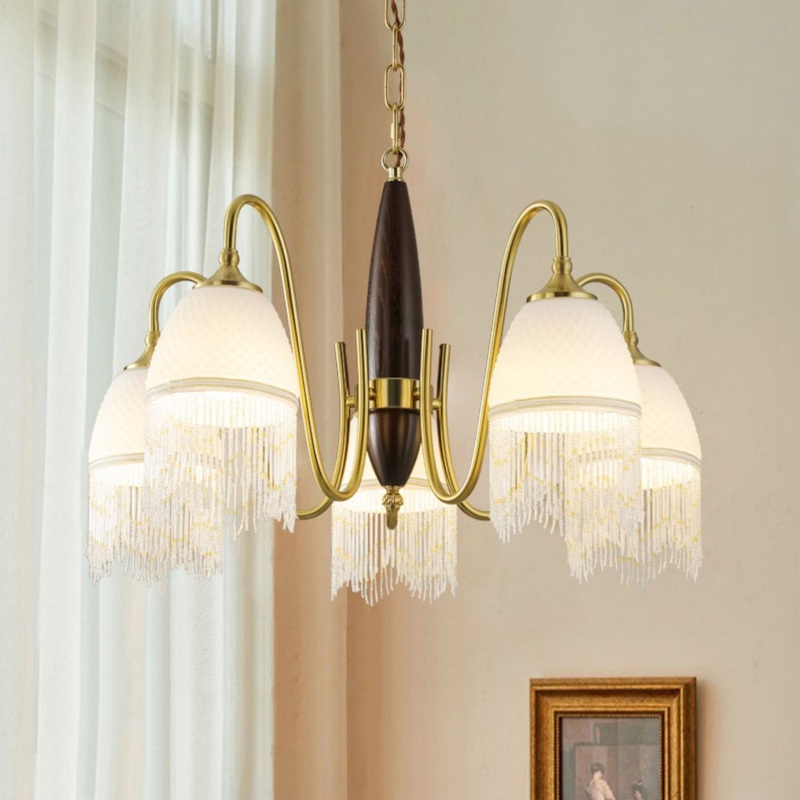 Traditional French Tassel Round Oval Iron Wood Glass 3/5/8 Light Chandelier For Living Room