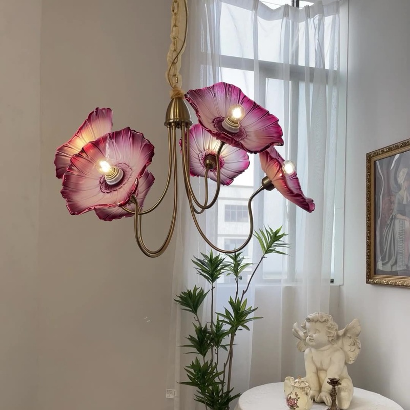 Traditional French Trumpet Branch Bend Glass Copper 6-Light Chandelier For Living Room