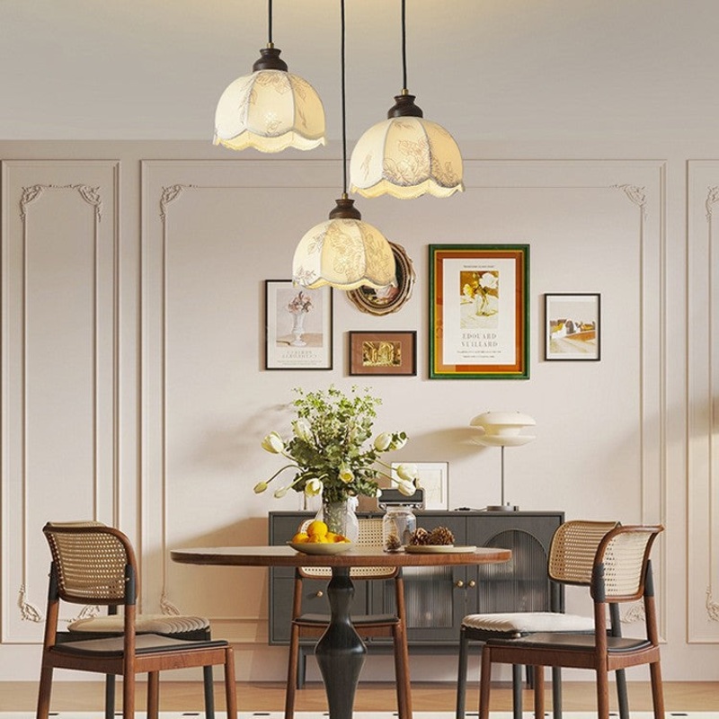 Traditional French Wood Iron Fabric Dome Flower Pattern 1/3 Light Pendant Light For Dining Room