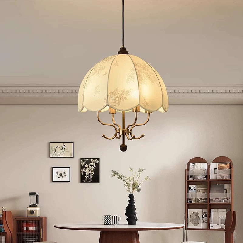 Traditional French Wood Iron Fabric Dome Flower Pattern 4/5 Light Chandeliers For Dining Room
