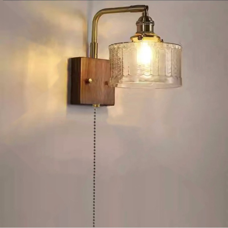 Traditional Japanese Copper Wood Glass Cylinder 1-Light Wall Sconce Lamp For Bedroom & Living Room