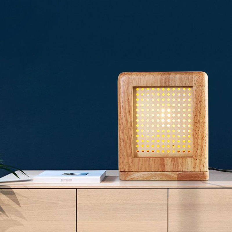Traditional Japanese Cube Rubberwood Magnet 1-Light Table Lamp For Bedroom
