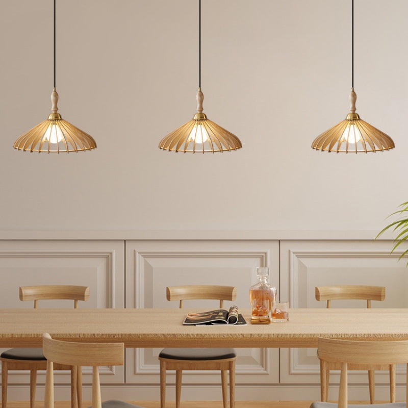 Traditional Japanese Umbrella Skeleton Ash Wood Brass 1-Light Pendant Light For Living Room