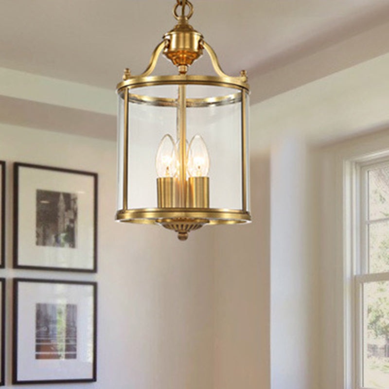 Traditional Rustic Birdcage Cylinder Copper Glass 3-Light Chandelier For Living Room