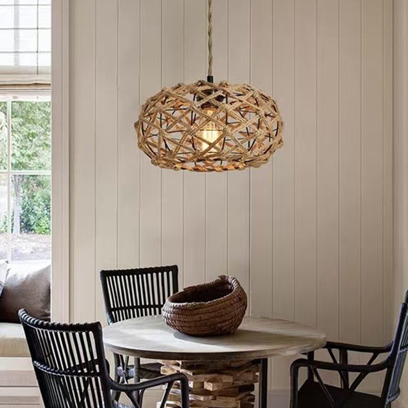 Traditional Rustic Iron & Rattan Woven Round 1-Light Adjustable Pendant Light For Bedroom & Living Room