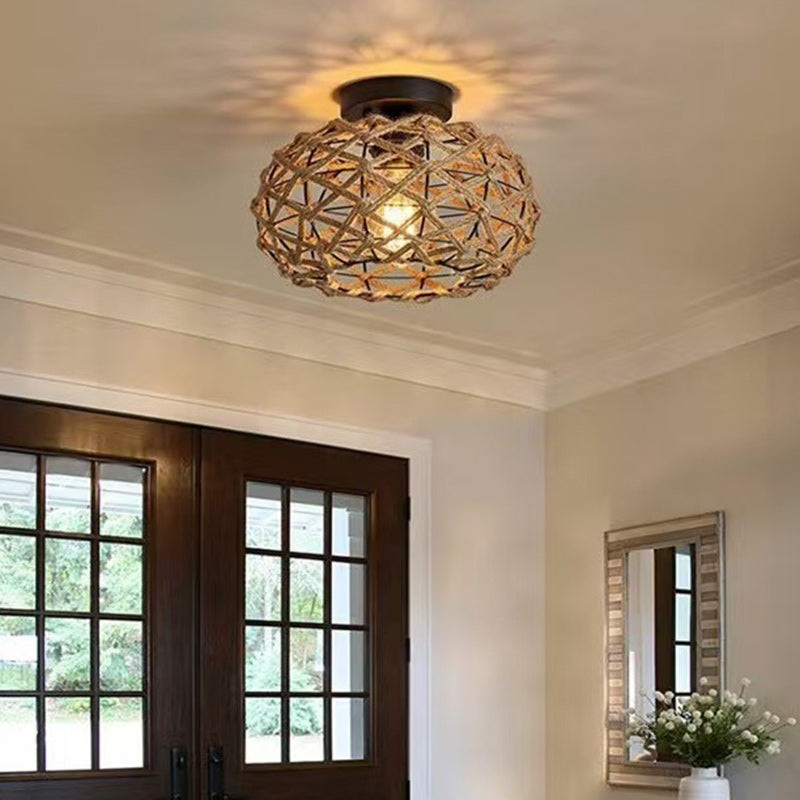 Traditional Rustic Iron & Rattan Woven Round 1-Light Semi-Flush Mount Ceiling Light For Bedroom & Living Room