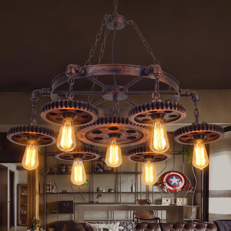 Traditional Rustic Iron & Wood Circular Gear 3/7-Light Chandelier For Restaurant