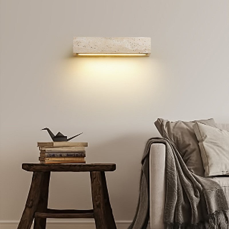Traditional Rustic Rectangle Cube Yellow Travertine LED Wall Sconce Lamp For Bedroom