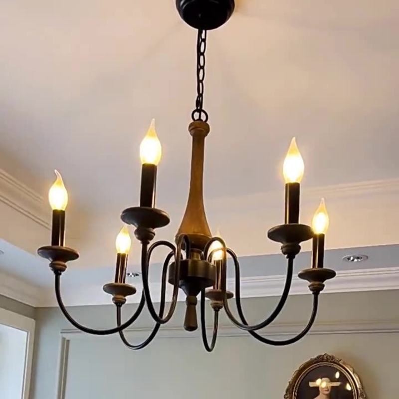 Traditional Rustic Wood & Iron Candle Holder Branching Iron Rod 5/6/8 Light Chandelier For Living Room