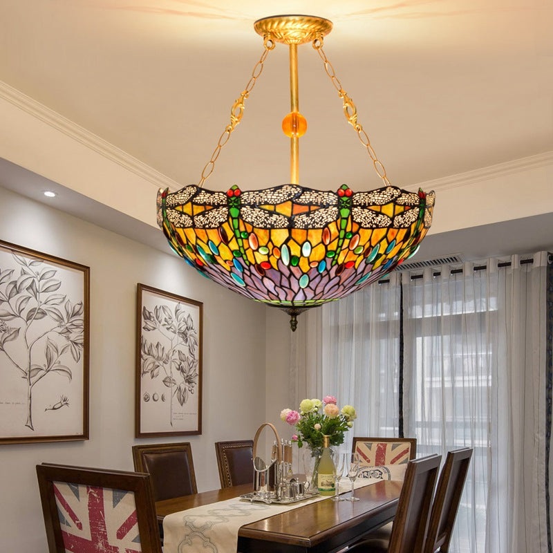 Traditional Tiffany Round Dome Dragonfly Iron Stained Glass 3-Light Chandelier For Living Room