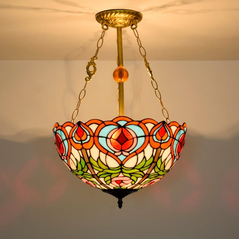 Traditional Tiffany Round Dome Peach Iron Stained Glass Shade 3-Light Chandelier For Living Room