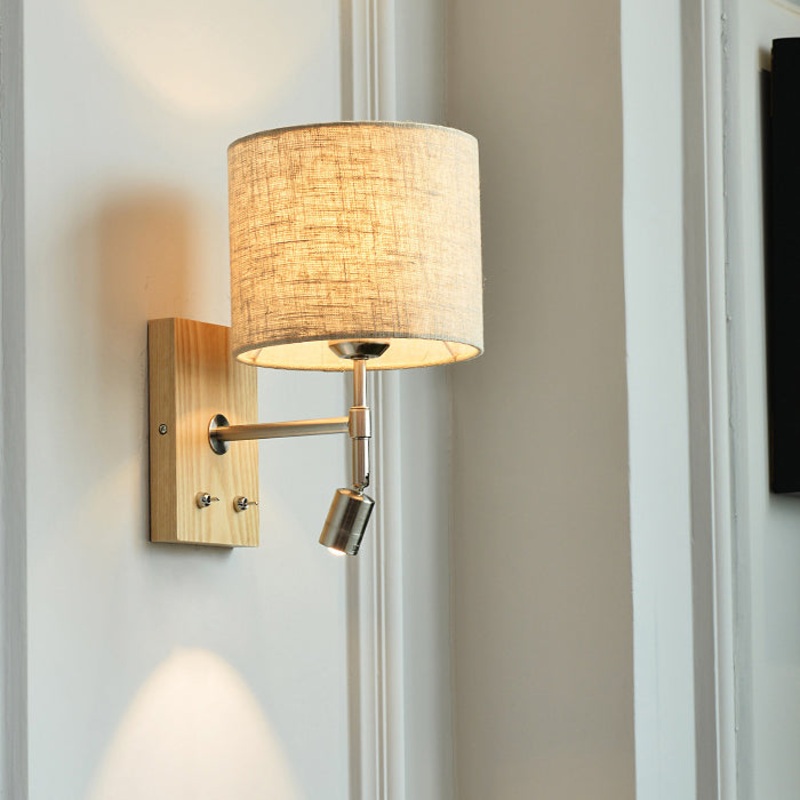 Traditional Vintage Rotatable Spotlight Cylinder Fabric Iron Solid Wood 2-Light Wall Sconce Lamp For Living Room