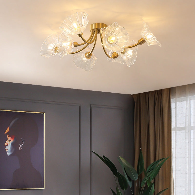 Traditional Vintage Round Branch Floral Glass Brass 3/5/8 Light Semi-Flush Mount Ceiling Light For Living Room