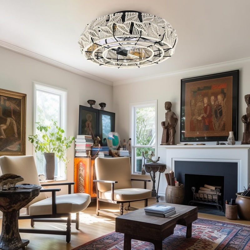 Traditional Vintage Round Iron Linen 4 - Light Semi-Flush Mount Ceiling Fan Light For Living Room