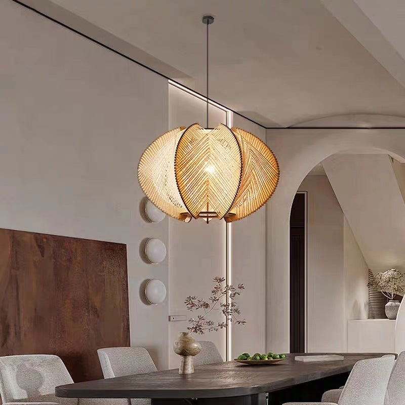 Contemporary Boho Wood Handmade Rattan Nest Shaped 1-Light Pendant Light For Living Room