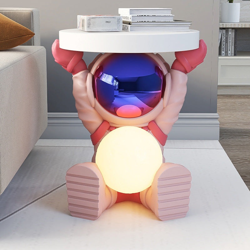 Contemporary Creative Fir Board Round Top Astronaut Resin Base Side Table For Living Room
