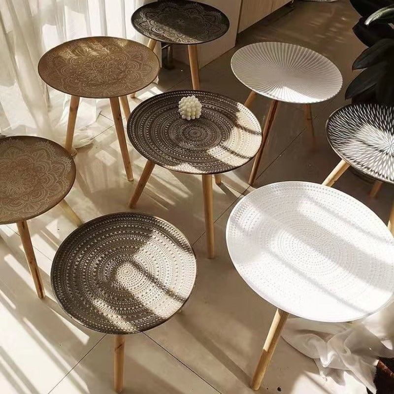 Contemporary Nordic MDF Pine Wood Round Sun Flower Shell Pattern Cement Bead Coffee Table 1-Tray For Living Room