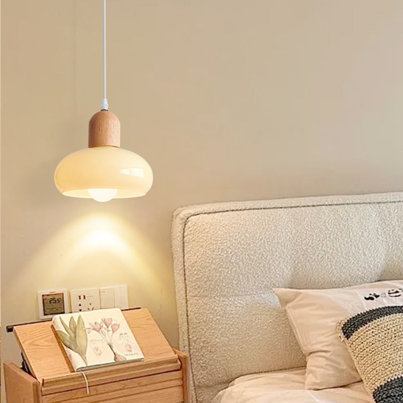 Contemporary Nordic Round Wood Glass 1-Light Pendant Light For Living Room
