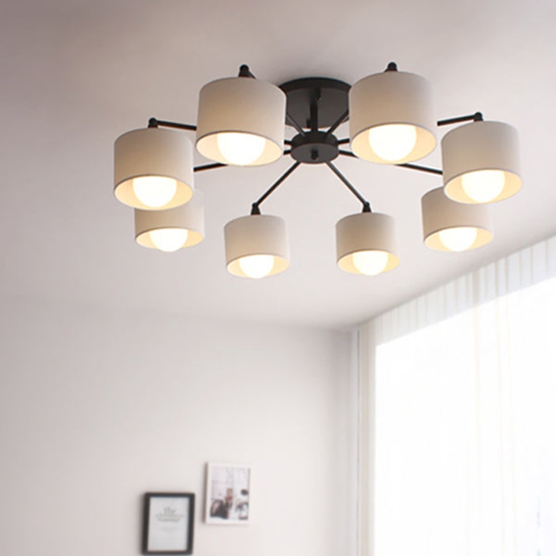 Contemporary Scandinavian Iron Fabric Cylinder Shade 8-Light Semi-Flush Mount Ceiling Light For Living Room