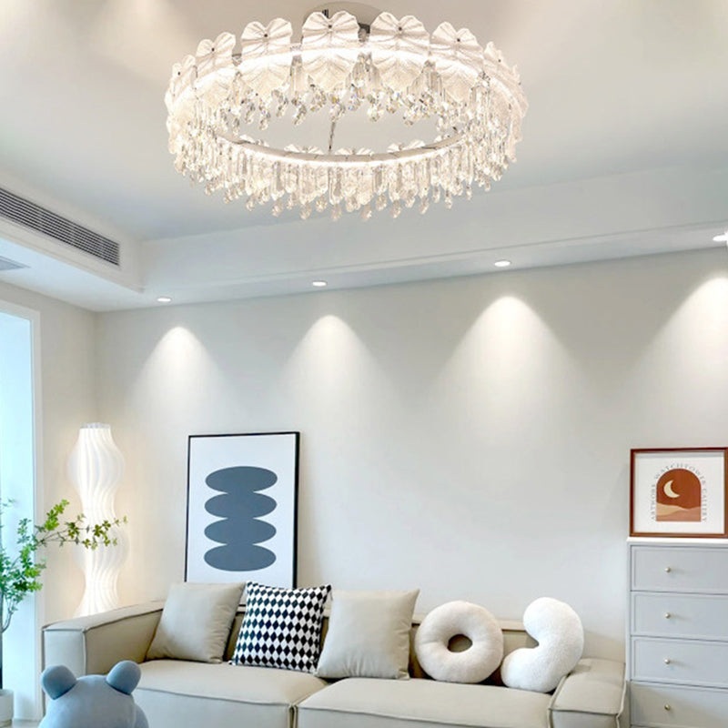 Modern Luxury Round Hardware Glass Crystal LED Semi-Flush Mount Ceiling Light For Bedroom