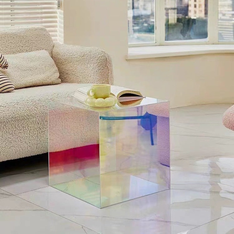 Modern Minimalist Acrylic Mirror Cube End Table For Living Room