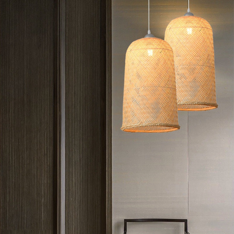 Traditional Chinese Cylinder Hanging Clock Bamboo Iron 1-Light Pendant Light For Living Room