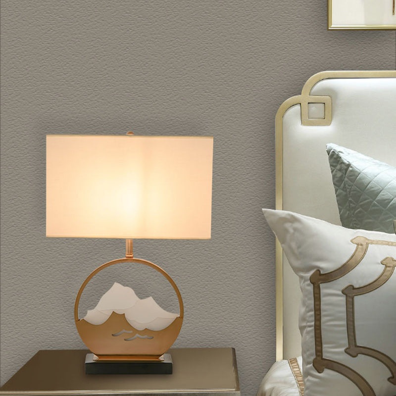 Traditional Chinese Fabric Cylinder Shade Iron Acrylic 1-Light Table Lamp For Bedroom