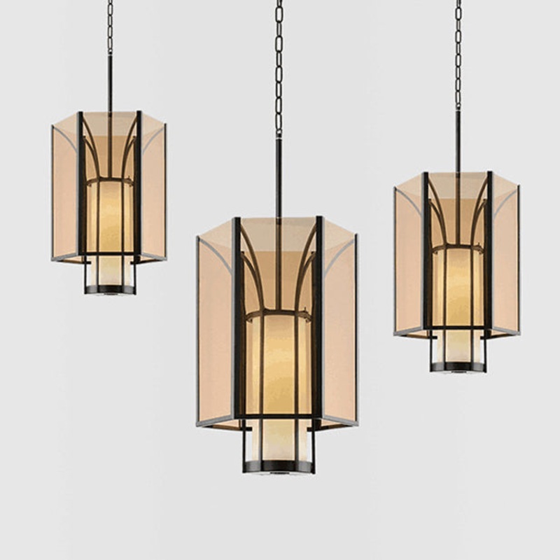 Traditional Chinese Imitation Marble Glass Iron Cylinder Lantern 1-Light Pendant Light Spotlight For Bedside