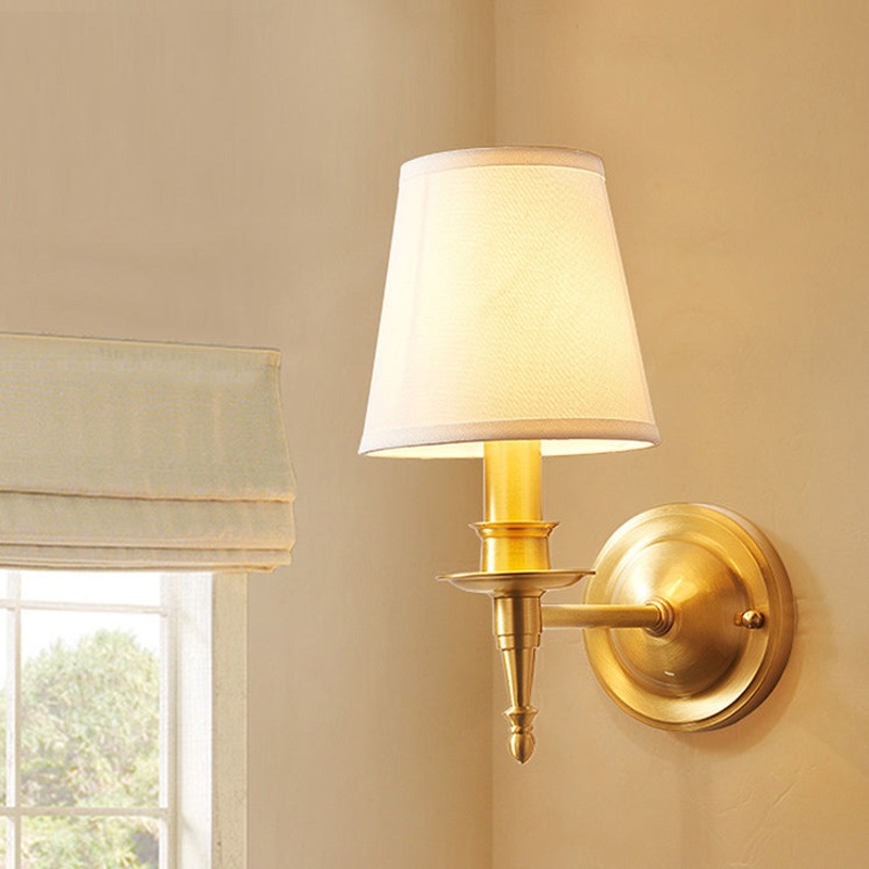 Traditional European Brass Fabric Cylinder Shade 1/2-Light Wall Sconce Lamp For Living Room