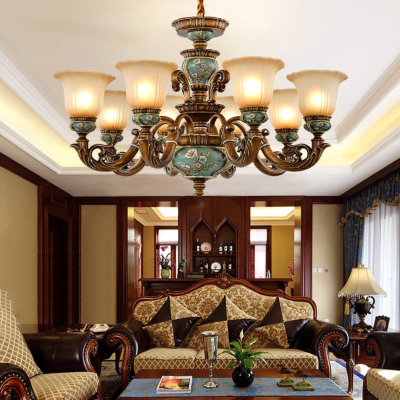 Traditional European Flower Pattern Petal Shape Resin Iron Glass 3/6/8/10 - Light Chandeliers For Living Room
