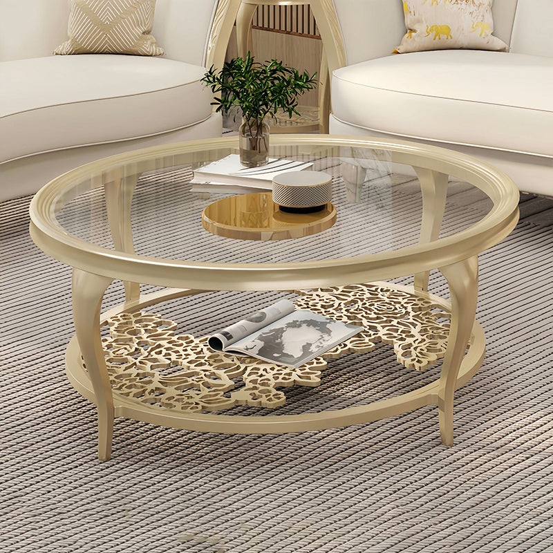 Traditional European Reinforced Glass Wood Round Openwork Carved Coffee Table 2-Tier For Living Room