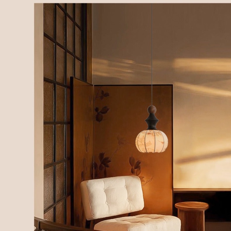 Traditional French Iron Wood Fabric 1-Light Pendant Light For Living Room