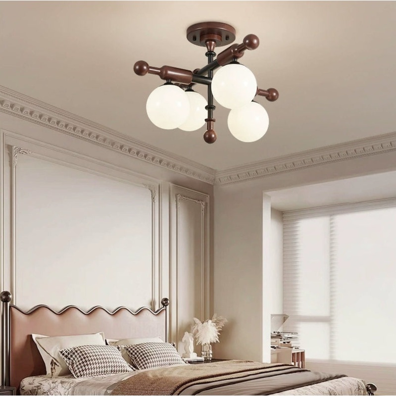 Traditional French Solid Wood Frame Glass Round Shade 4/6-Light Semi-Flush Mount Ceiling Light For Living Room