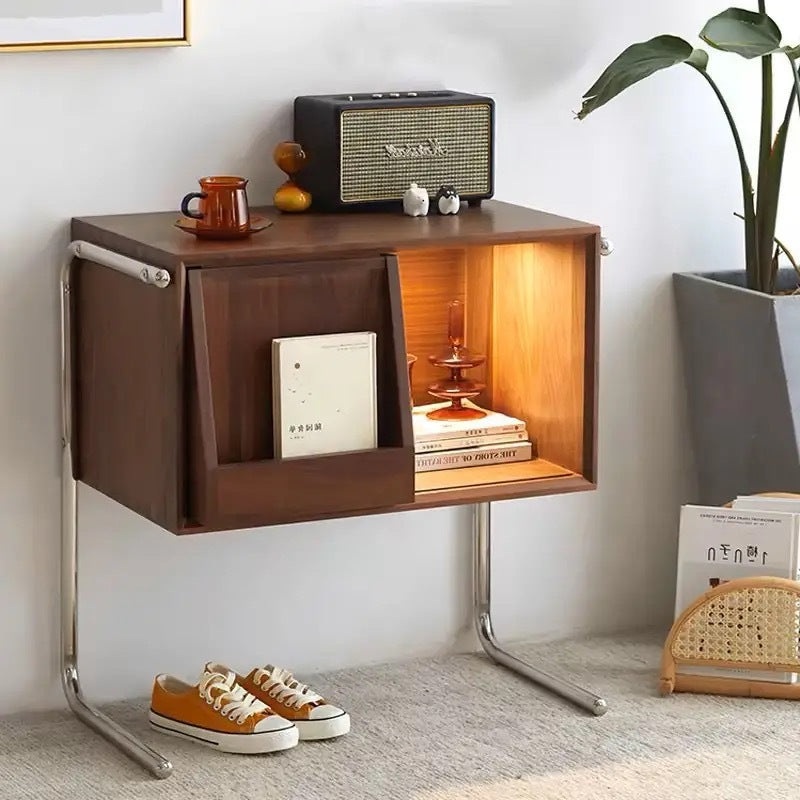 Traditional Japanese Rectangular Solid Wood Stainless Steel End Table Storage Cabinet For Living Room